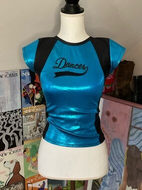 Leo’s Metallic Spandex Teal Short Cap Sleeve Performance Top